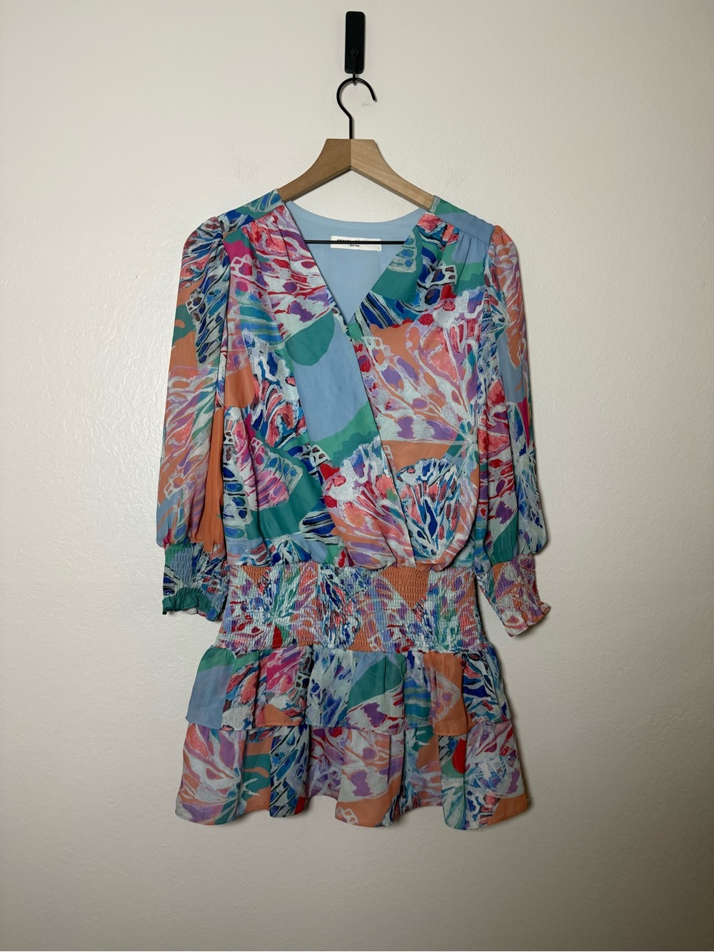 Amanda Uprichard Pastel Floral Wrap Mini Dress in Pink Blue Green - Picture 2 of 6